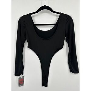 Black High Cut Long Sleeve Bodice Mesh Sleeve Bodysuit Small
